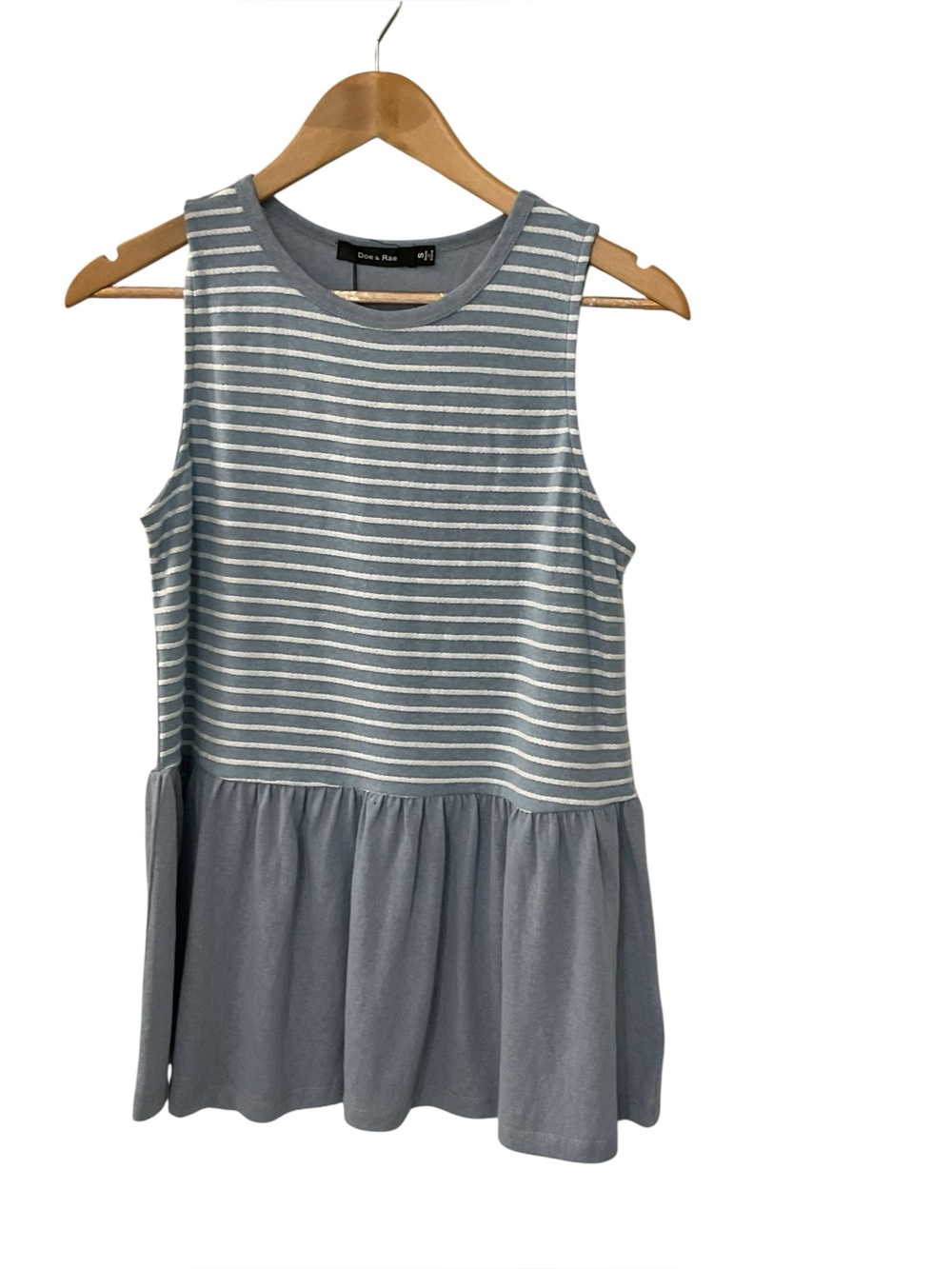 Doe & Rae Slate Blue and White Striped Sleeveless Peplum Tank